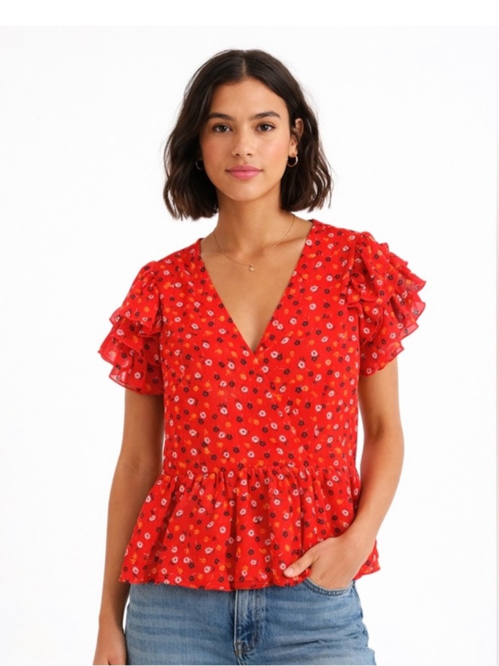 Madewell Red Floral V-Neck Ruffle Sleeve Peplum Top